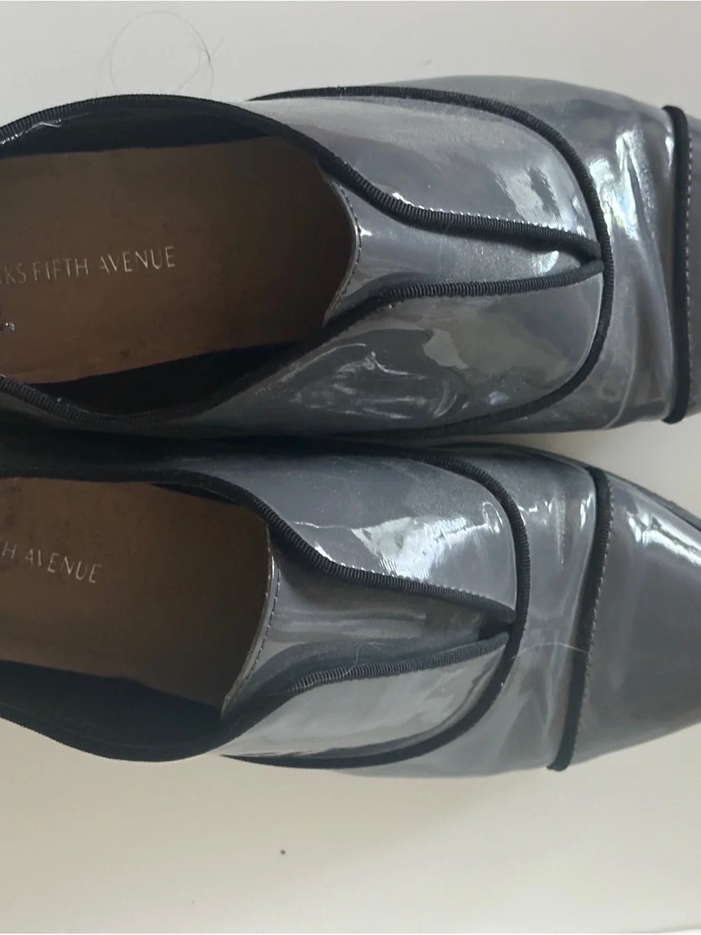 Saks Fifth Avenue Women's Gray Patent Slip-On Loafers with Black Trim